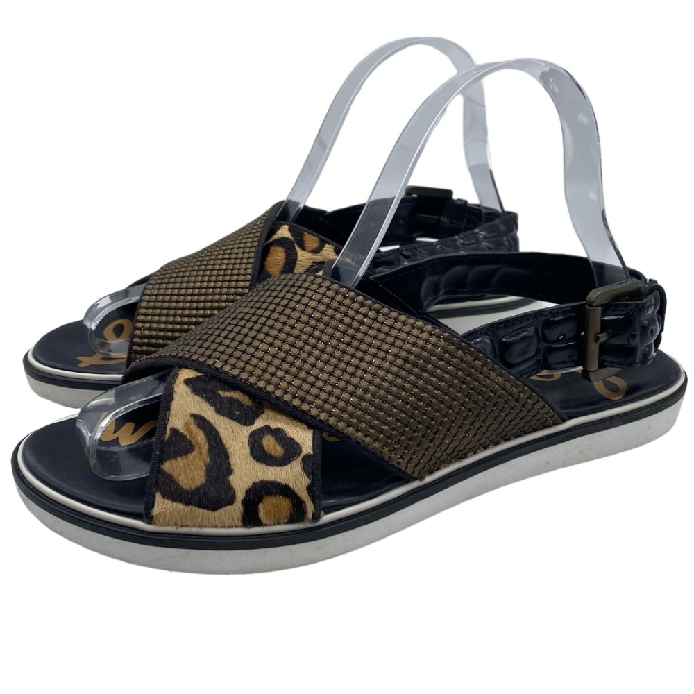 Sam Edelman Sandals Jolan Leopard Calf Hair Leather Crisscross Flat Casual Sz 6 - Picture 2 of 13